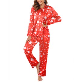 Ekouaer Silk Pajamas for Women 2 Piece Button Down Pj Sets Satin Long Pants Sleepwear Soft Loungewear Christmas Red XL