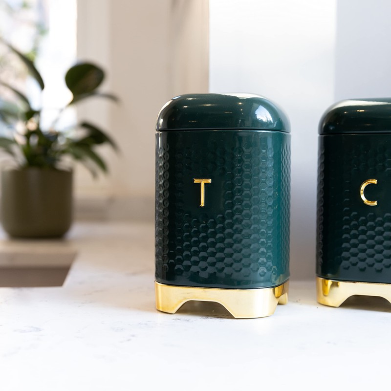 KitchenCraft Tea Storage Caddy with Lid, Hunter Green & Gold,