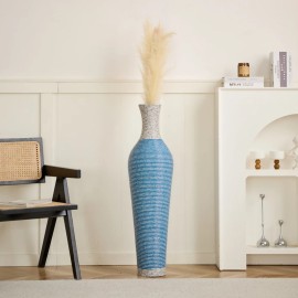 39 Inch Tall Hand-Woven PVC Rattan Floor Vase Blue White Striped Decorative Vase for Outdoor Farmhouse Coastal Style Livingmaterial: PVC, color: Lake Blue