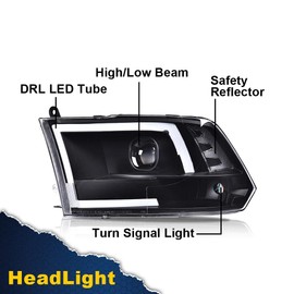 G-PLUS LED DRL Headlights, Compatible with 09-12 Dodge Ram 1500 2500 3500 (Not Fit Dual Beam,Not Fit One Hole,Only for Quad Models) Clear lens Black Housing Clear Reflector