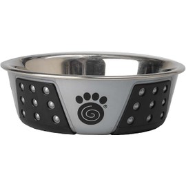 PetRageous 13097 Fiji Stainless Steel Non-Slip Dishwasher-Safe Dog Bowl 1.75-Cup Capacity 5.5-inch Diameter 1.75-inch Tall for Small and Medium Size Dogs and Cats, Light Grey and Black