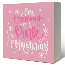 LUKIPOM Pink Christmas Signs, I'm Dreaming of a Pink Christmas Wooden Box Sign, Pink Christmas Decorations, Christmas Wood Signs for Home Office Desk Shelf Table Decor, 5x5 Inch