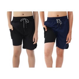 IRELIA 2 Pack Boys 2 in 1 Running Shorts Kids Box Brief Liner Compression Active Sports Shorts BN 7-8 Black/Navy