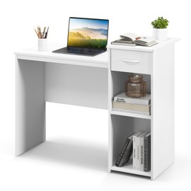 Tangkula White Desk with Drawer, Modern Computer Desk with Adjustable Shelf & Cable Hole, Compact Writing Study Desk, Wooden Computer Workstation for Home or Office, White
