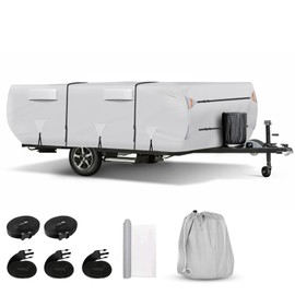 Kistrba Heavy Duty 420D Oxford 8-10ft Pop Up Camper Trailer Cover, Windproof Waterproof RV Utility Trailer Cover with Top Tent and Air Vent, 132IN*88IN*42IN