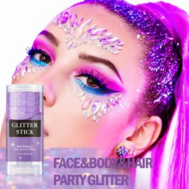 Prreal Body Glitter, Mermaid Sequins Glitter for Body Face, Sparkling Glitter Stick, Chunky Holographic Glitter for Hair Lips Nails Makeup, Festival Rave Accessories, Stage Christmas Makeup (Purple)