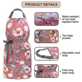DASSIRA Premium Waterproof Kitchen Apron for Women with Two Pockets, Cute Flowers Apron for Dishwashing, Cooking, Baking, Gardening, Art, Pottery, Fall Aprons for Women (Red)
