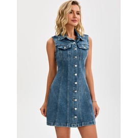 CIMUK Women Denim Dress Sleeveless Collared Western Button Down Short Jean Dresses Large Grey Blue