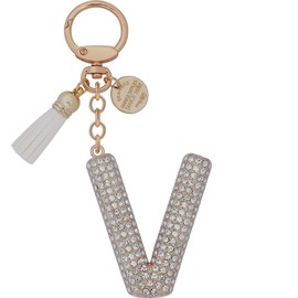 Initial Keychain For Women Letter Keychain A-Z Gift For Girl Cute Bling Rhinestone Tassel Key Chains Charm For Bag Backpack (White Gold, V)