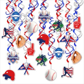 HonuGoGo Baseball Hanging Swirl Decorations, 18PCS Ceiling Streamers Set with Pre-Assembled Hooks and Red White Blue Sports Theme Cutouts for Party or Event Setup