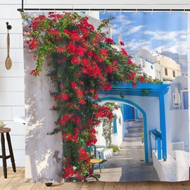 Abaysto Shower Curtain Polyester Fabric Waterproof Bath Curtain, 3D Digital Painting Pattern for Shower Stall, Bathroom Curtains with 12 PCS Hooks (180x180cm, Greek Bougainvillea)