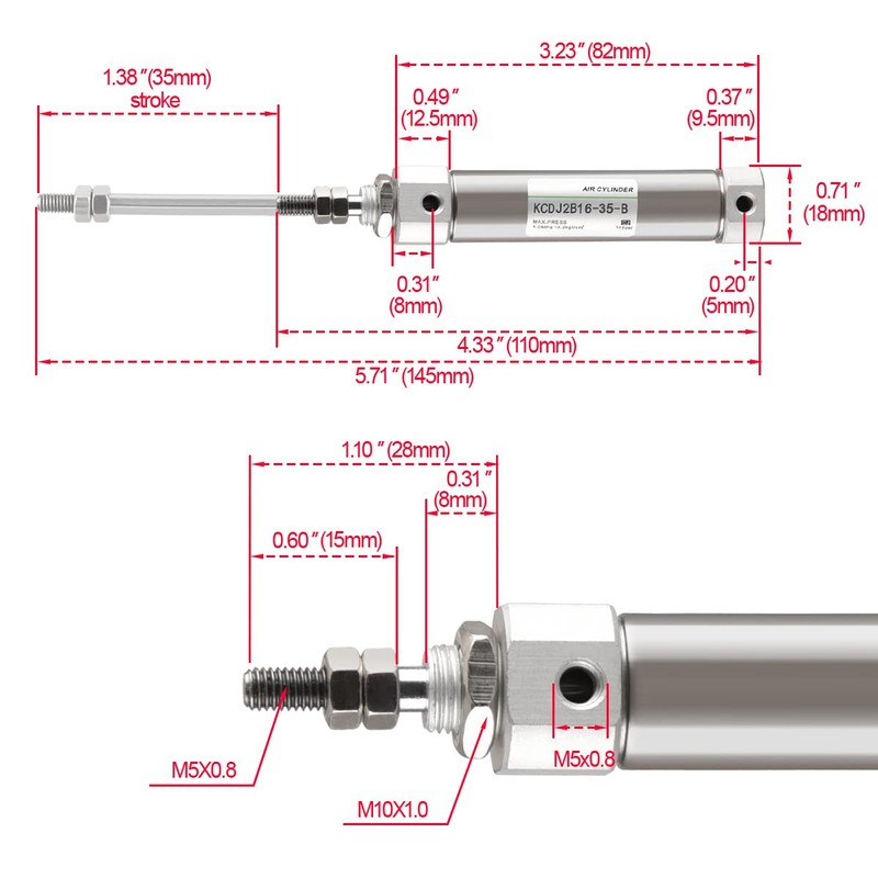 Heschen Slim Air Cylinder, Pneumatic Cylinder CDJ2B 16-35, M5 Port,
