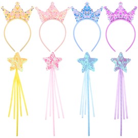 SevenMye 8 Pcs Princess Tiara and Wand Set for Girls Princess Party Favors 4 Princess Crowns 4 Fairy Wands Bulk for Little Girls Kids Princess Party Decorations
