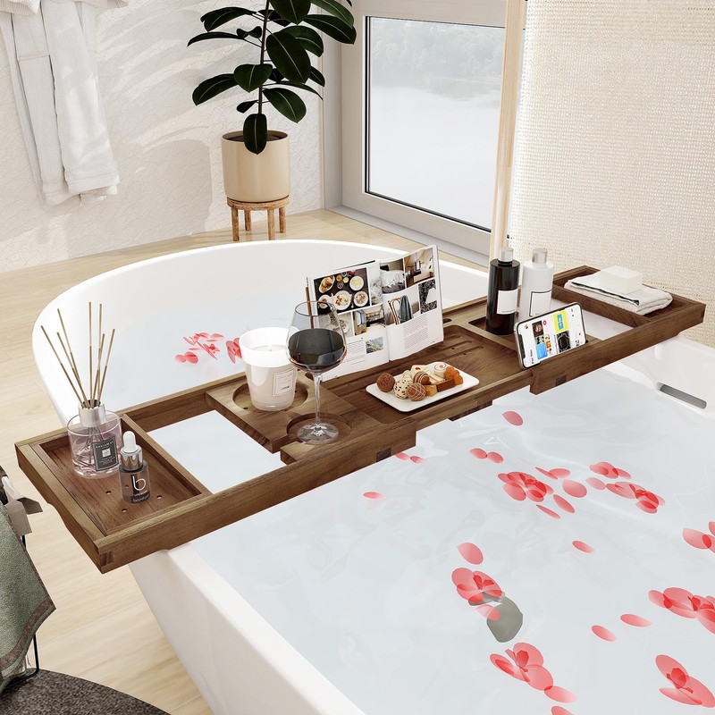 Teak Bathtub Tray - Luxury Bath Tray with Expandable Handles,