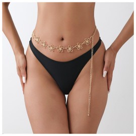 Flower Waist Chain Vintage Hollow Flower Body Chain Lariat Belly Chain Belt Summer Beach Bikini Adjustable Jewelry for Women (Gold)
