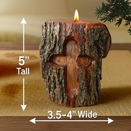 Rustic Christian Cross Candle Holder – Natural Log Wood Tealight with Bark – Made in USA – Religious Decor & Gift for Housewarming, Memorial, Baptism, Holidays, or Prayer Corner (Tealight Candle Hole)