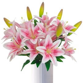 ATFL Artifical Lily Flowers 18 Heads, 5 Forks Long Stem Faux Fake Tiger Lily Flower Bouquets for Home Hotel Office Party Decor Table Centerpieces (2, Light Pink)