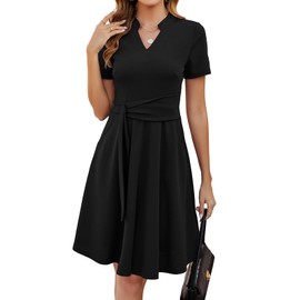 Mokayee Black Dresses for Women 2025 Funeral Summer Short Sleeve V Neck Knee Length Fit and Flare Semi Formal Church Flattering Business Casual Wear to Work Wedding Guest Dress with Pockets M