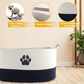 Geyecete Dog toy basket dog toy bin Woven Storage Baskets for Dog Cat Dog Toy Box Sturdy Reinforced Handles with Paw Print basket-Beige/Dark Blue