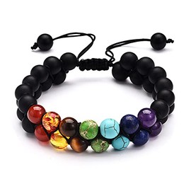 Magik Double-Layer Healing Anxiety 7-Chakra Bracelet Natural Gemstone Crystal Yoga (#1 Matte Agate, Black, 1 Pack)
