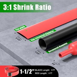 ELECFUN 1-1/2 Inch 8 Ft Heat Shrink Tubing Roll, 3:1 Large Marine Grade Adhesive Lined Heatshrink Tube, Waterproof Dual Wall Wiring Wrap Seal Against Moisture Corrosion Air Leakage,4ft Black & 4ft Red