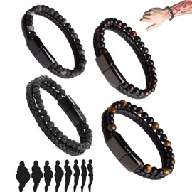XAUKEU 4Pcs Natural Agate Stone Leather Beaded Bracelet, Bead Bracelet Men, Natural Stone Bracelet(23CM)