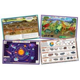 Tot Talk Science Explorer Educational Placemat 4-Pack for Kids – Made in USA – Dinosaurs, Solar System, Rocks & Minerals, & Fossils – Durable, Double-Sided, Waterproof, Wipeable Learning Mats