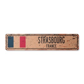 Strasbourg France Vintage Aluminum Street Sign French Flag City Country Road Rustic Metal tin Wall Gift | Indoor/Outdoor | 18" Wide