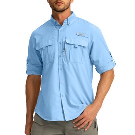 Men's Sun Protection Fishing Shirts Long Sleeve Travel Work Shirts for Men UPF50+ Button Down Shirts with Zipper Pockets(Sky Blue Medium)