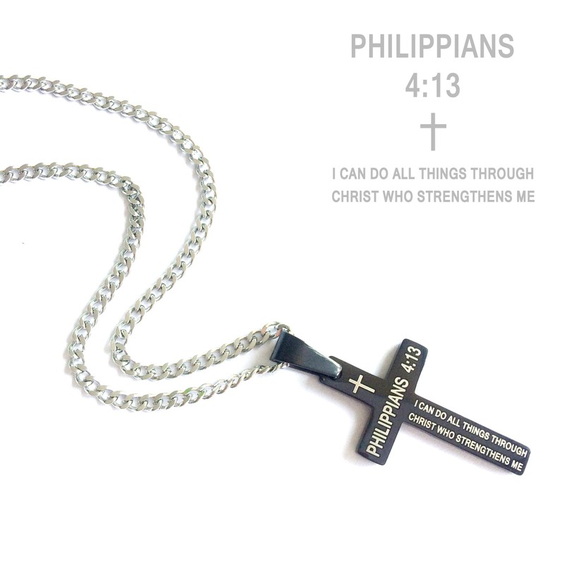 Amison Bible Verse Philippians 4:13 Cross Pendant Necklace Stainless Steel
