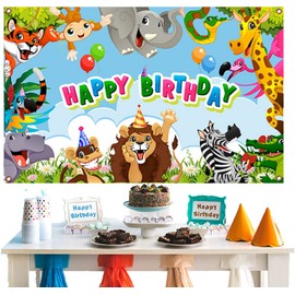 Jungle Safari Animals Theme Happy Birthday Banner Animal Birthday Party Backdrop Happy Birthday Decoration for Kid Birthday Party Baby Shower