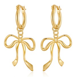 WOWORAMA Gold Bow Hoop Earrings for Women Long Ribbon Bow Earrings Detachable Gold Bow Dangle Drop Earrings Jewelry for Women