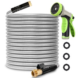 WHOBUY 100FT Metal Garden Hose 304 Stainless Steel Flexible Water Hose - No Kink & Tangle Heavy Duty Pipe with Nozzle, Durable 3/4 Brass Fittings and Valve - Rust Proof Puncture Proof for Yard Lawn