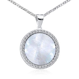 Materia Mother of Pearl Pendant Round White - Necklace Pendant Silver 925 Women's with Shell, Zirconia and Chain in Jewellery Box, Pearl, Cubic Zirconia