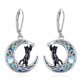 LOOVE Black Cat Earrings for Women Sterling Silver Celtic Moon Earrings Cat Moonstone Earrings Dangle Leverback Cat Earrings Drop Black Cat Jewelry