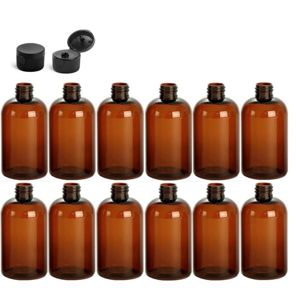 Premium Essential Oil 4 Ounce (120 ml) Boston Round Bottles, PET Plastic Empty Refillable BPA-Free, with Black Flip Up Snap Top Caps (Pack of 12) (Amber)