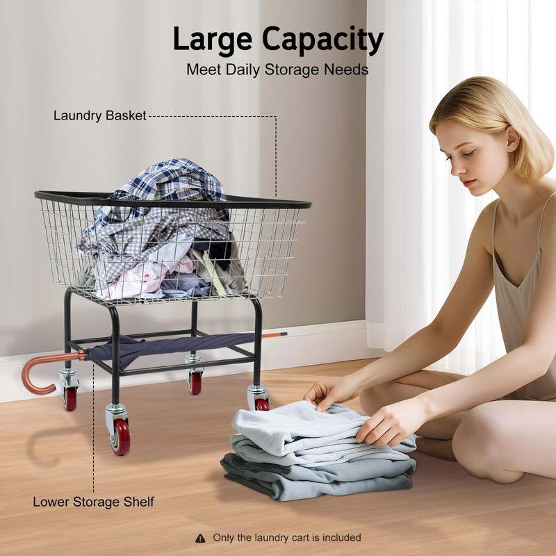 SNKOURIN Laundry Cart, Heavy Duty Steel Wire Laundry Cart with