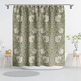 William Morris Vintage Floral Shower Curtain,Sage Green/Yellow Shower Curtain Sets for Bathroom with 12 Hooks,Farmhouse Decorative Curtain for Women Girls Waterproof Bathroom Curtain,72 x 72 Inch