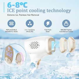 RBPVON Ice-Cooling IPL Laser Hair Remval Device, 3 in 1 with HR/SC/RA Function (9 Energy Levels) for Women and Men, Long Lasting Smoothness on Face, Bikini Line and Body, White