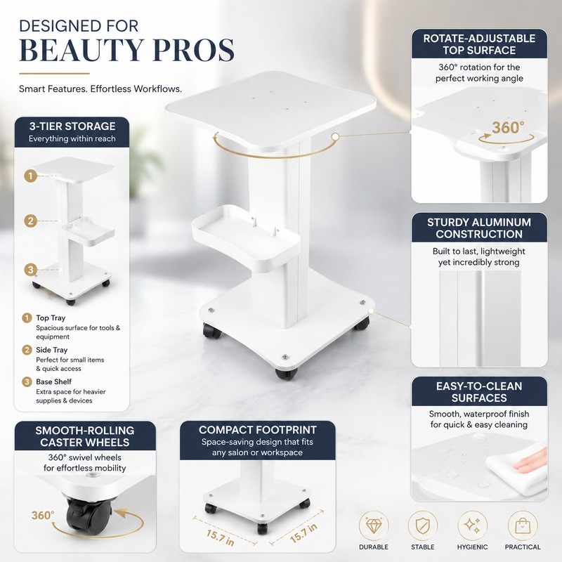 3-Tier Salon Rolling Cart for Tool Storage – Aluminum Beauty