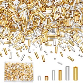arricraft 1200 Pcs Tube Crimp Beads, 2 Colors Brass Column Crimp Charms Beads Cord End Caps Metal Stopper Bead for Earring Necklace Bracelet DIY Craft Jewelry Making
