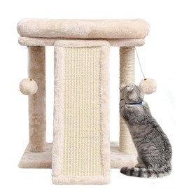 SYANDLVY Small Cat Tree with Scratching Post, Cat Scratching Board with Perch, Cat Post Scratcher for Indoor Cats, 2 Dangling Balls Great for Kittens (Beige)