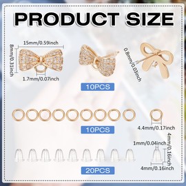CRAFTYMELODY 10Pcs Bow Stud Earrings Gold Brass Cubic Zirconia Earring Post with Loop Jump Ring 20Pcs Soft Clear Earring Backs Bowknot Stud Earring Findings for Women DIY Dangle Jewelry Making