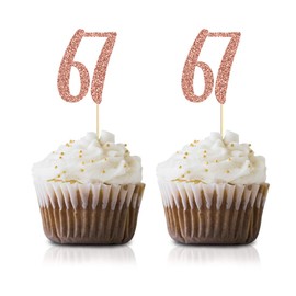 Rose Gold 67th Birthday Cupcake Topper, 24-Pack Number 67 Glitter Happy Birthday Party Cupcake Toppers, Decorations