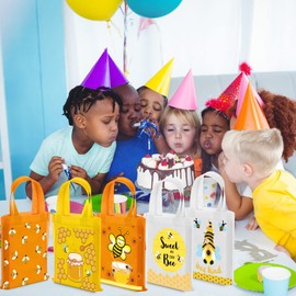 Ferraycle 24 Pcs Bee Party Favor Bags Bee Theme Gift Bags Non Woven Kids Tote Bags Candy Goodie Cloth Bag with Handles Treat Favor Bags, 7.87 x 9.84 Inch (Sweet Style)