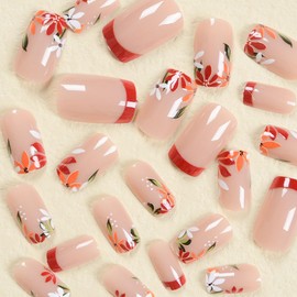 Flower French Tip Press on Nails Short Sqaure Fake Nails with Flowers Leaf Designs Medium Square False Nails Nude Glue on Nails Spring Stick on Nails Pink Acrylic Nails Full Cover Artificial Nail