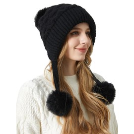 KEOYA Women’s Fur Knit Beanies Snow Cap Fleece Lined Beanie Ear Cover Winter Crochet Hat with Pompom for Women Black M