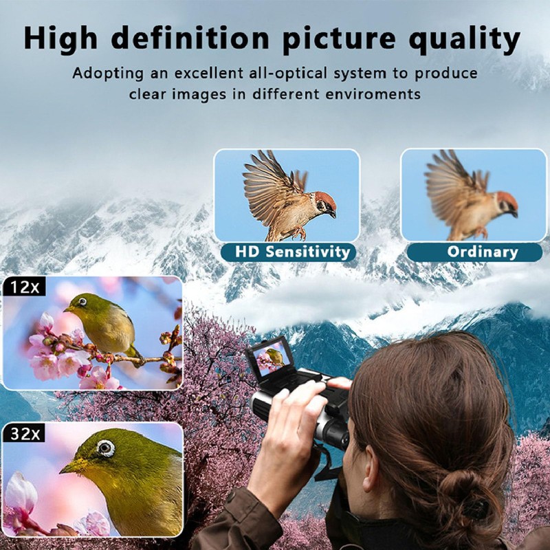 12x32 Camera Binoculars, 2.4" Screen 12x Optical 8x Digital Zoom