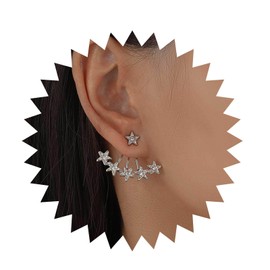 Cimenexe Bohemian Crystal Star Jacket Earrings Silver CZ Paved Star Earrings Cluster Star Floating Earrings Small Rhinestone Star Ear Jacket Earrings Jewellery for Women and Girls, Zinc, No Gemstone