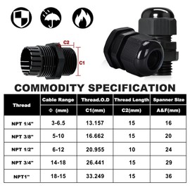 Wocloer 12 Pcs 1" NPT Black Adjustable Cable Glands - IP68 Waterproof Electrical Connectors, Nylon Cord Grips Strain Relief for Electrical Box Use